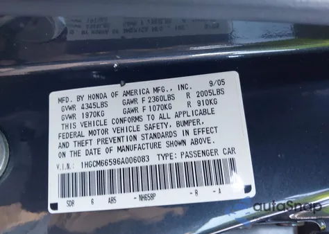 2006 Honda Accord 3.0 Ex from USA, damaged, VIN 1HGCM66596A006083